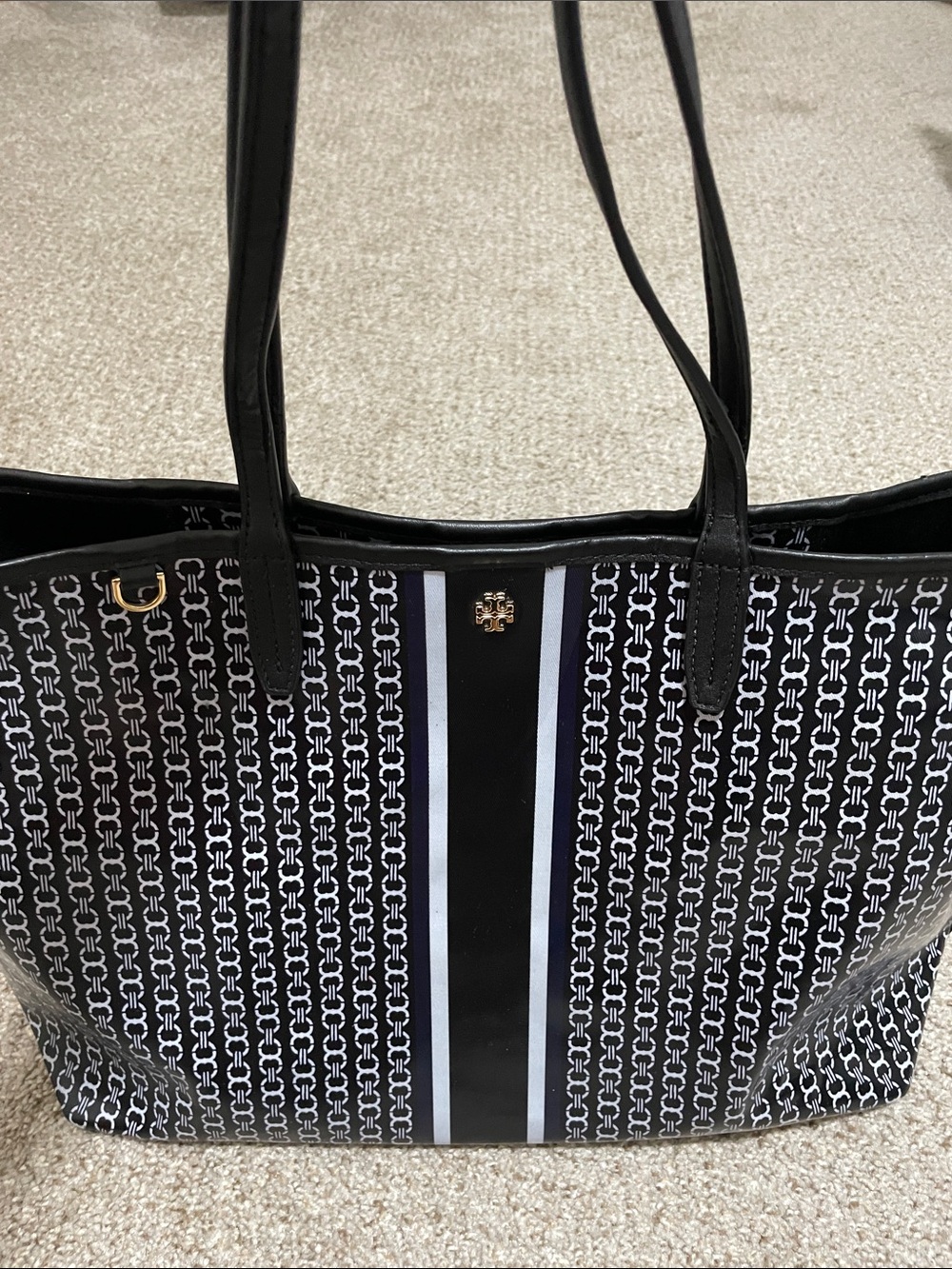 Tory Burch Black and White Signature Stripe Tote